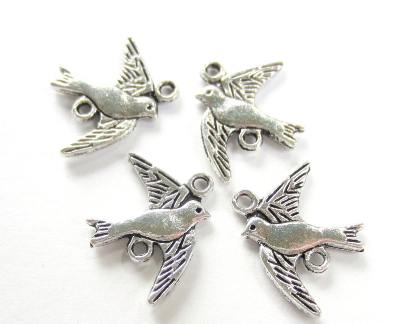 10 Metal Bird charms flying swallows antique silver connector double sided jewelry supplies 17mm 21mm image 1