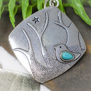 Antique Silver Oversized Square Pendant with Tree and Bird Motif, Nature-Inspired Pendants, Focal Charms, Boho Pendant Jewelry,  Turquoise