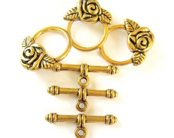 6 sets Gold Toggles rose flower antiqued finish jewelry findings gold clasp 18mm x 19mm