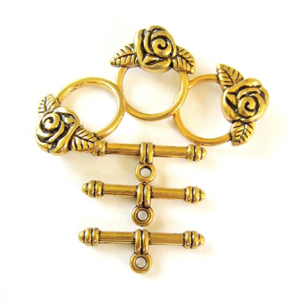 6 sets Gold Toggles rose flower antiqued finish jewelry findings gold clasp 18mm x 19mm