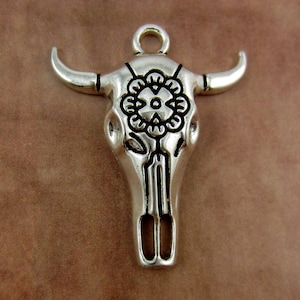 6 Silver bull head skull charms longhorn  cow skull western jewelry supply steer head pendant 56mm x 39mm cowboy jewelry