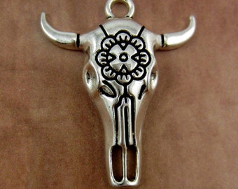 Silver bull head skull charms longhorn  cow skull western jewelry supply steer head pendant 56mm x 39mm cowboy jewelry Qty 6