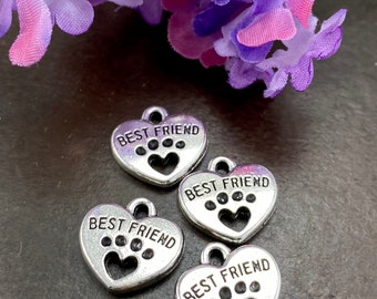 Paw Print Pet Heart Charms, Antique Silver Dog Charms, Memory Prndants, Dog Paw Print- Qty 12