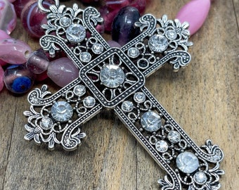 Antique Silver Plated Alloy Rhinestone Cross Pendants, Budded Cross, Crystal, 85x67x6mm