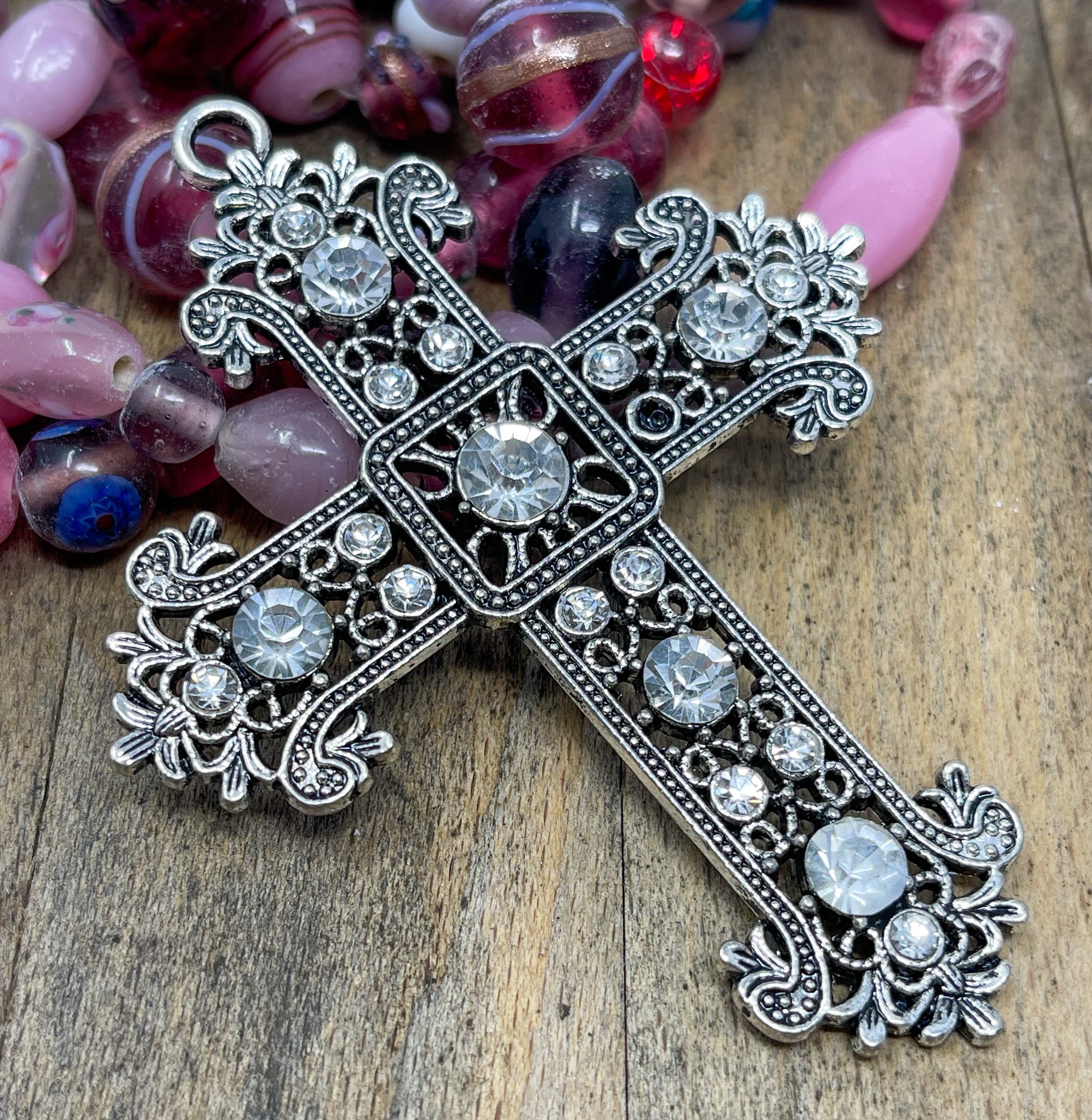 Antique Silver Plated Alloy Rhinestone Cross Pendants, Budded