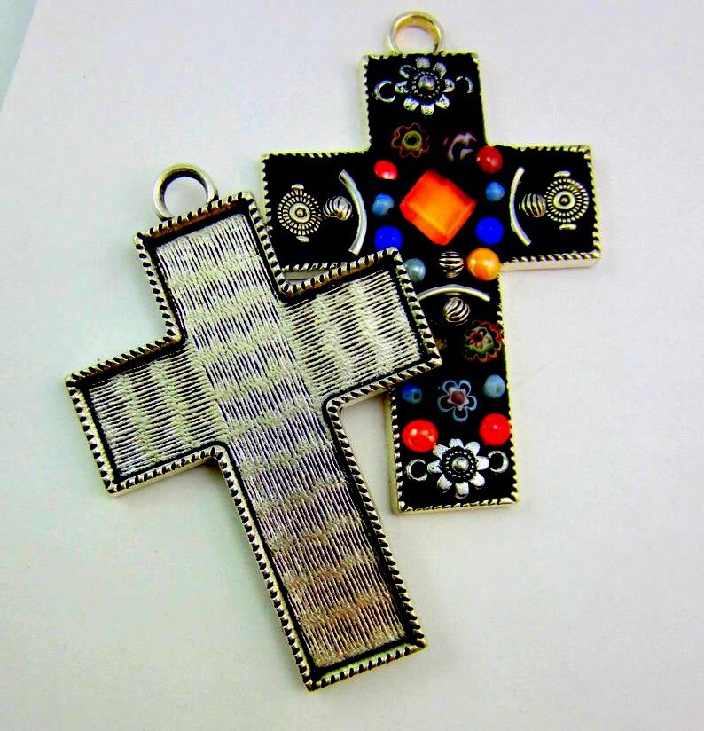 2 Silver Cross Pendant Tray Mosaic Bezel Cross Resin Tray 80mm Etsy