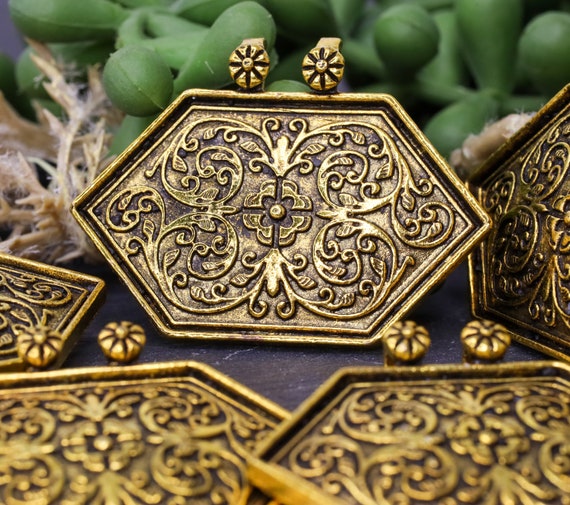 Antique Gold Oversized Patterned Hexagon Pendant, - Statement Jewelry Pendant - Necklace Pendant - Gold Medallion Pendant - Qty 2