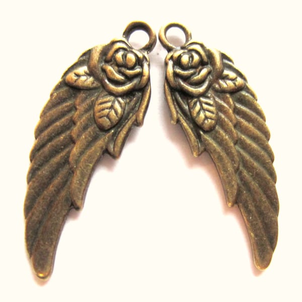 12 Antique bronze wing charms w rose angel wing charms 11mm 31mm