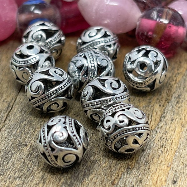 24 Antique Silver Filigree Spacer Beads, Silver Bead Jewelry, Filigree Beads, Silver Filigree Jewelry