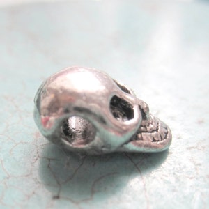 K&ouml;nnte beinhalten: Ein silberner Totenkopf-Anh&auml;nger mit einem Loch zum Einf&auml;deln. Der Totenkopf ist detailliert mit einem zahnigen Grinsen und Augenh&ouml;hlen.