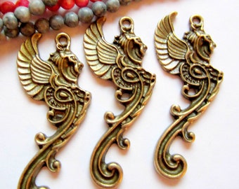 Antique bronze griffin winged neo Victorian charms 25mm x 48mm renaissance jewelry Qty 4