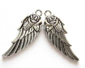 Antique Silver Angel Wing Charms with Rose, 31x11mm Double-Sided Alloy Pendants for Earrings and Steampunk Jewelry, Qty: 12