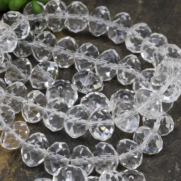 Rondelle Clear Faceted Round Crystal Glass Beads - Qty 30, Crystal Glass Spacer Beads, 12mm Clear Rondelle Bead, Bead Spacer, Clear Beads