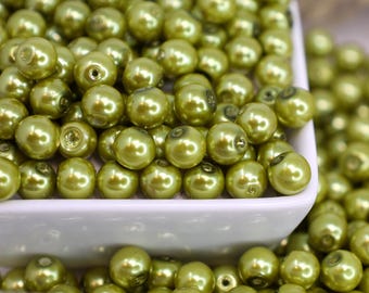Olive Green Glass Pearl Beads, 8mm Round Glass Pearls, Moss Green Beads, Metallic Green Beads, Jewelry Making Supplies