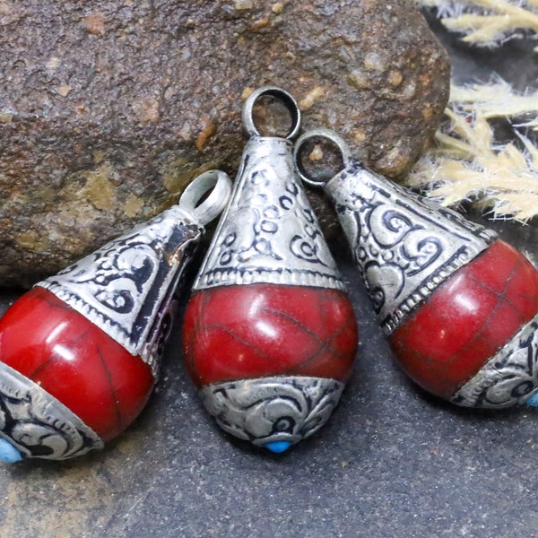 3 Deep Red Synthetic Coral Pendants with Silver and Enamel Accents, Tibetan Style Teardrops, Red Teardrop Pendants, Red Beads, Approx 32mm