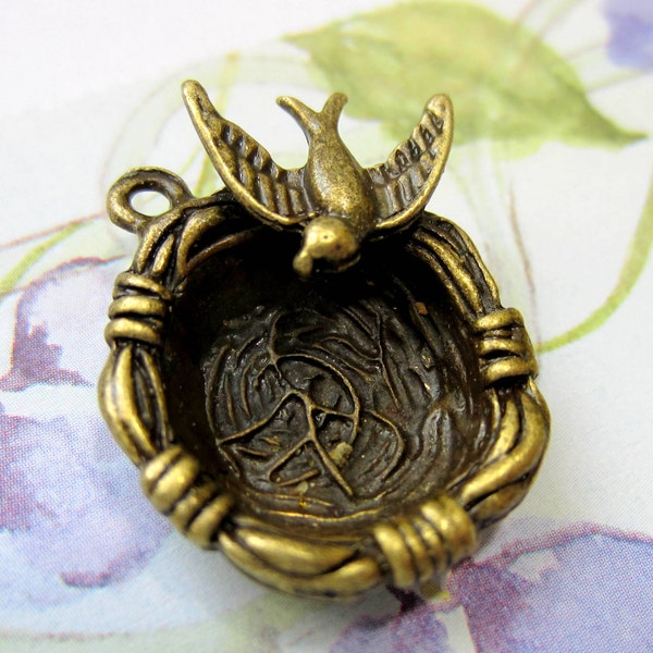 4 Antique bronze Bird nest charms metal bird pendants 25mm x 24mm