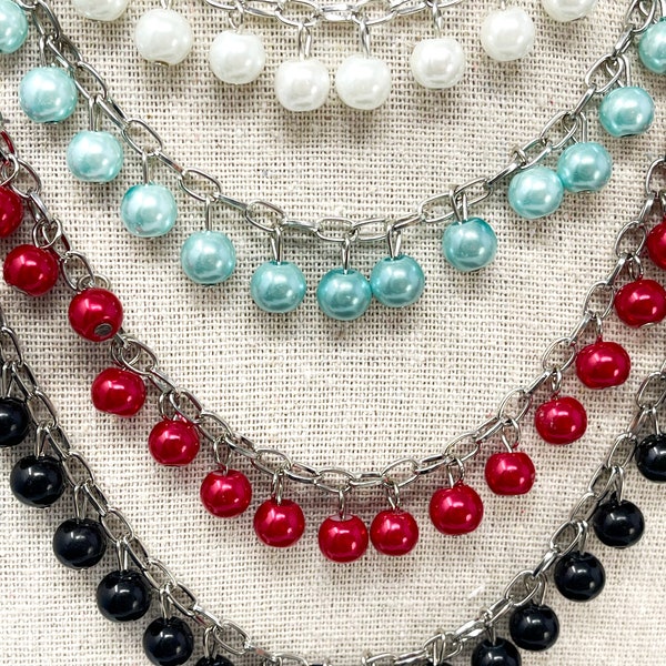 Round Glass Pearl Beads Chains for Necklaces Bracelets Making, with Iron Cable Chains and Eye Pin, Unwelded, 1 Strand