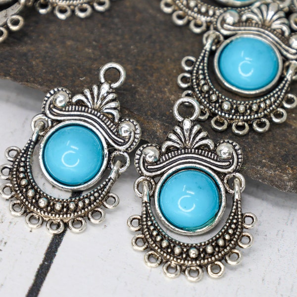 6 Antique Silver Chandelier Links with Turquoise Color Cabochon, Dangle Earring Jewelry Findings