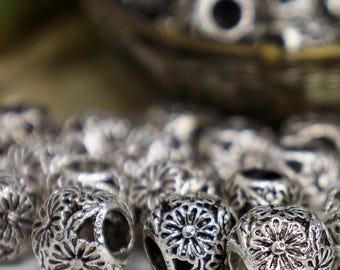 Antique Silver Floral Beads – 11mm Large Hole Metal Beads for Boho Bracelets, Leather Cord, Chunky Jewelry – Qty 12