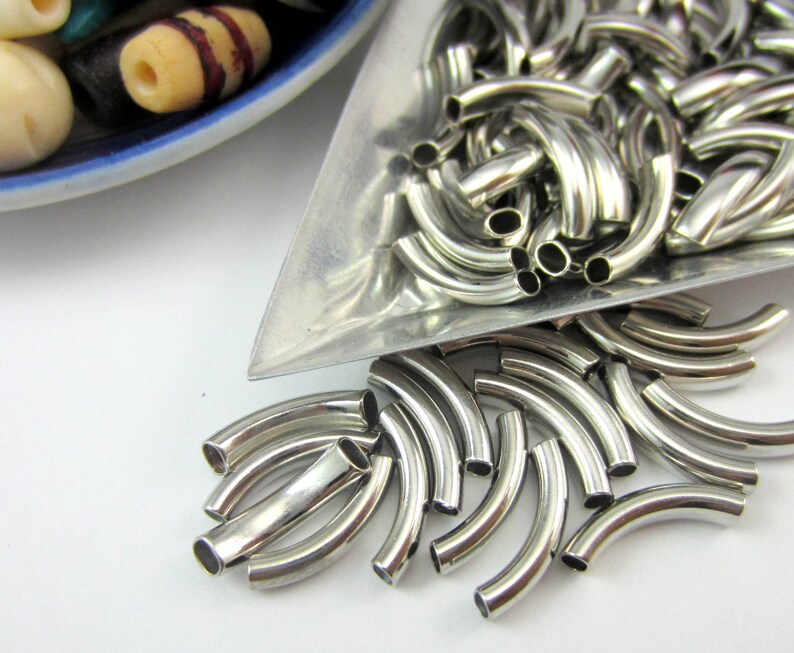 50 silver tube beads silver metal spacer beads 14mm curved noodle beads DIY jewelry supply