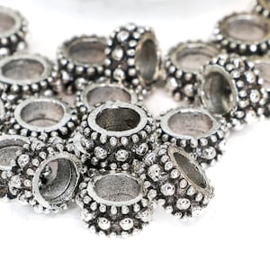 Antique Silver Large Hole Spacers, 5mm x 9mm with Raised Dot Texture
