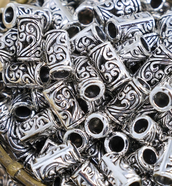 Antique Silver Scrollwork Column Beads, Ornate Metal Spacer