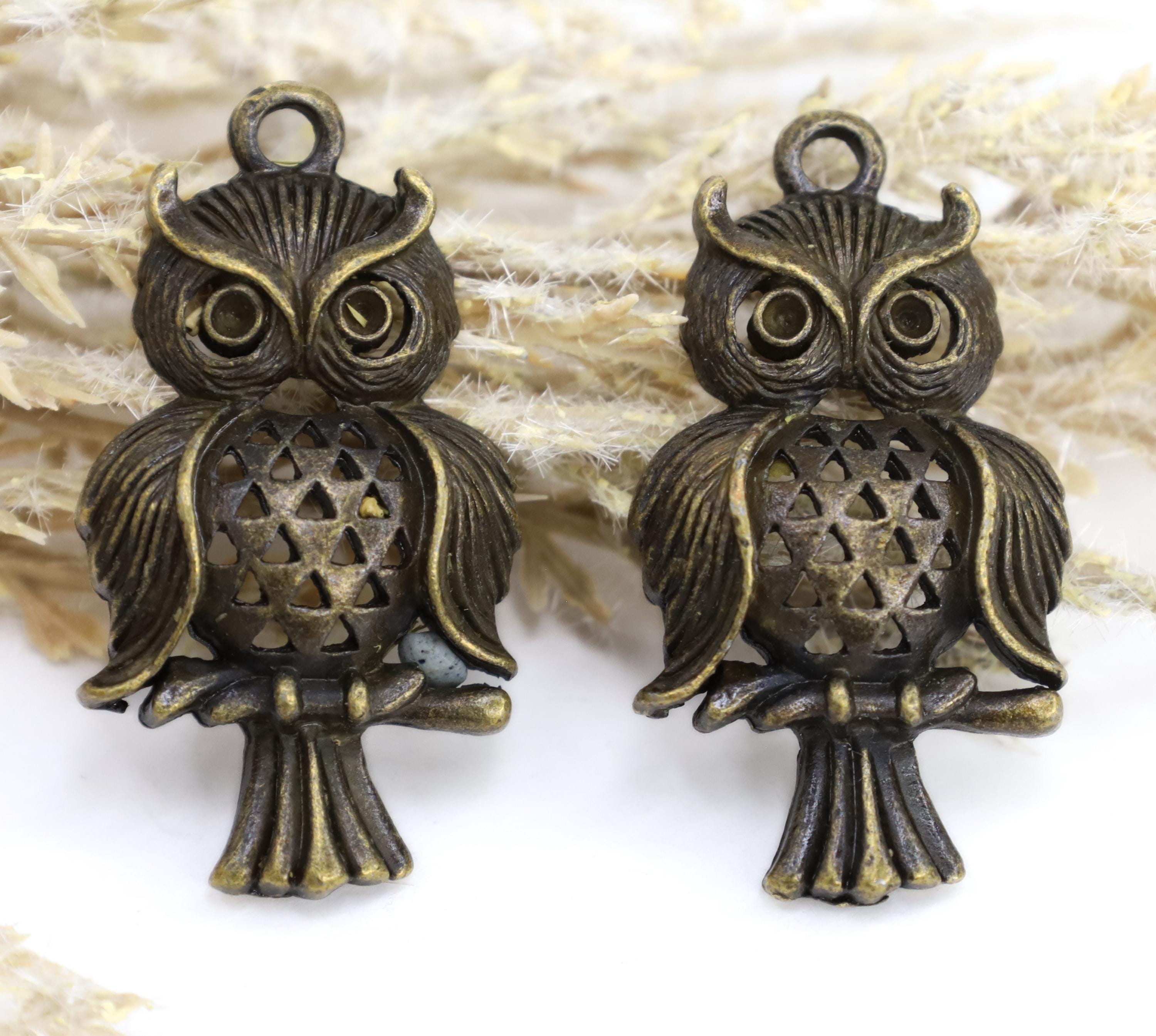 Bronze owl charm pendants 17mm 31mm bird charm Qty 6