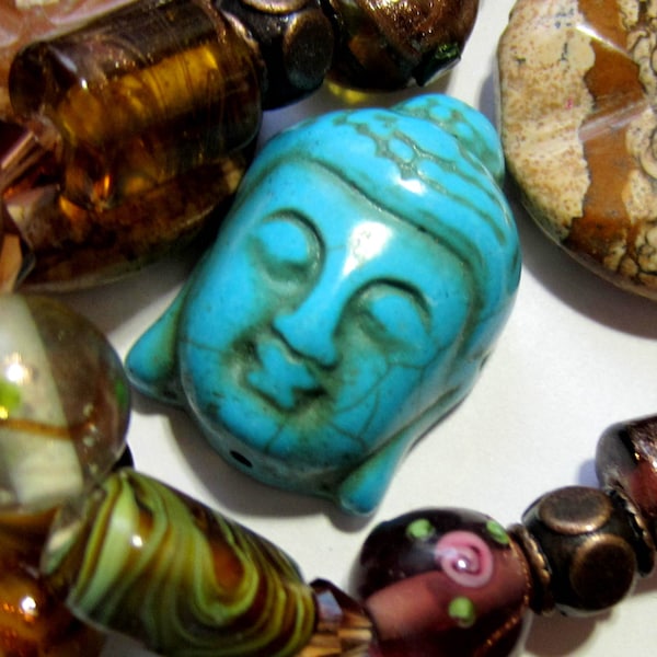 3 pc. Turquoise magnesite Buddha beads Buddhist head beads 29mm x 20mm