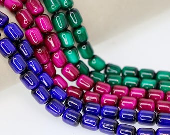 Jewel Tone Tiger Eye Glass Beads, Barrel Strand, Deep Luminous Palette