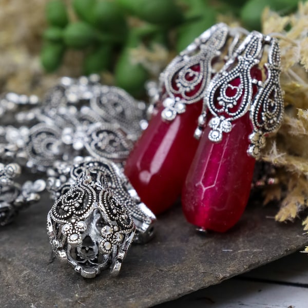 Fancy Decorative Antique Silver Bead Caps - Large Filigree Cone Caps - Floral Metal Caps - Qty 5