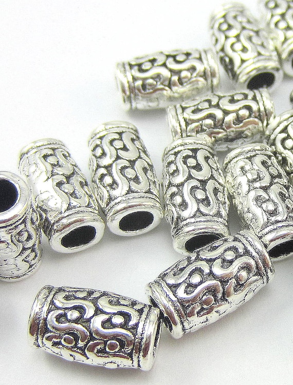Antique Silver Tube Beads, Tribal Boho Hippie Spacer Beads, Large Hole Metal Beads for Jewelry Making, Qty: 30
