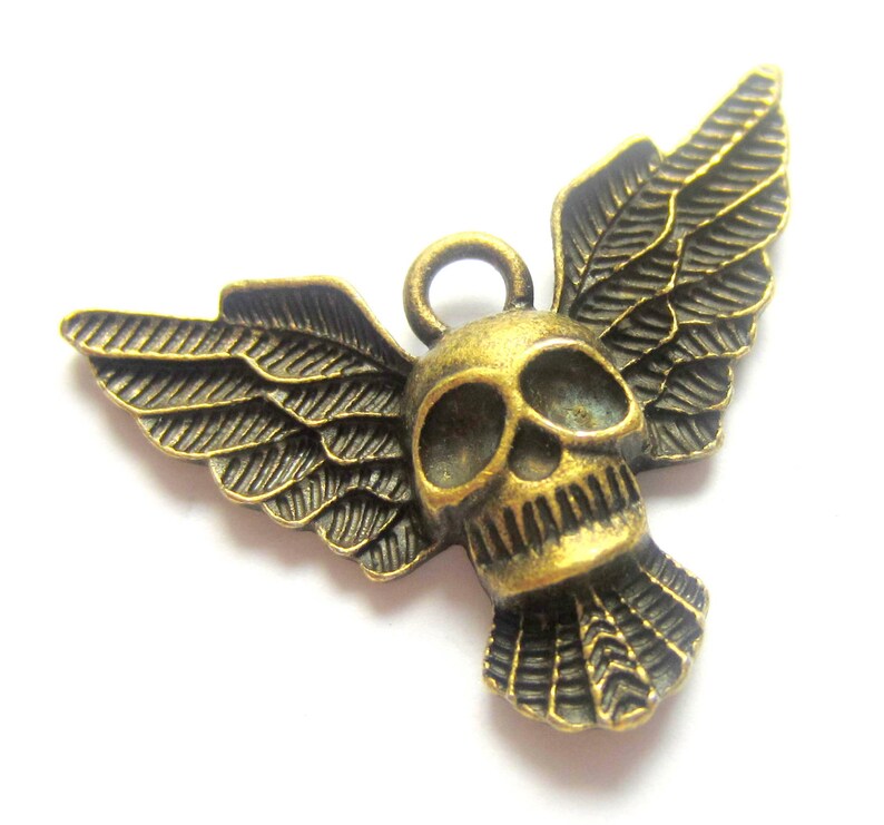 4 Skull charms antique bronze skeleton pendants metal no lead craft jewelry supplies winged skull 30mm x 33mm image 1