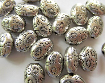 30 Antique silver spacer beads oval embossed Tibetan style boho chic 8mm x 6mm