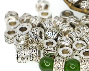 Silver Slider Beads, Metal Spacer Beads, Ornate Barrel Sliders, Leather Cord Jewelry