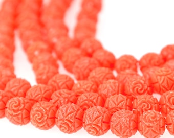 Carved Rose Coral Beads, Synthetic Coral Flower Beads, Coral Pink 8mm Round Floral Beads