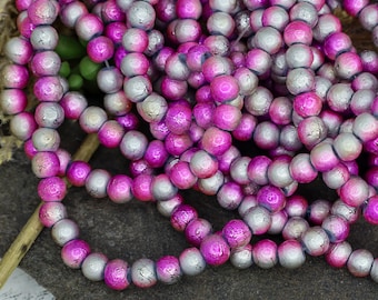 Magenta and Silver Drawbench Glass Beads - Spray Painted Glass Spacer Beads - 6mm Glass Beads - Qty 50