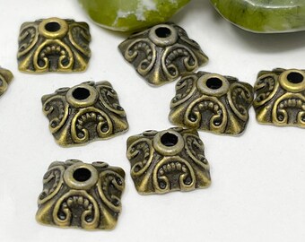 Bronze Square Bead caps, jewelry making supplies 10mm bead caps Qty 24