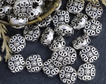 Patterned Silver Spacer Beads, 11x10x6mm Round Jewelry Accents for Bracelets and Necklaces, Qty: 24