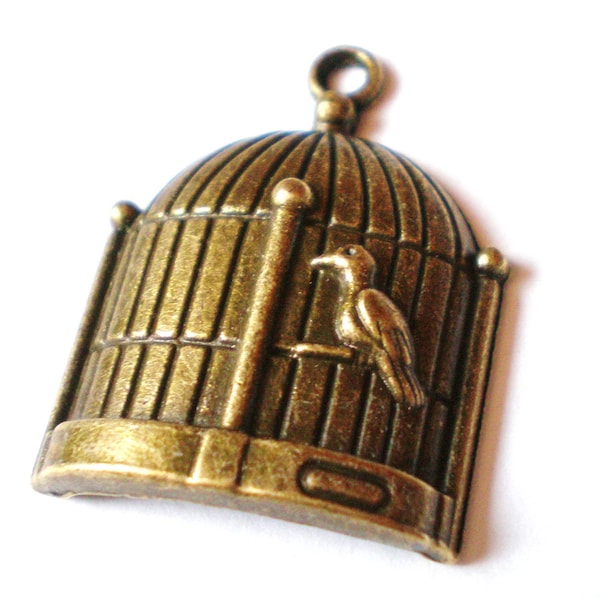 4 Birdcage Charms Bronze bird cage pendants 31mm 23 mm