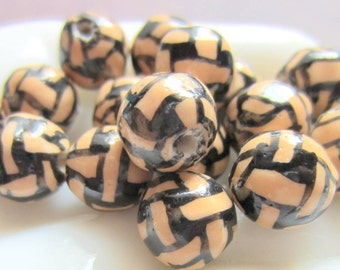 10 Handmade porcelain beads hand painted 10mm black tan beads jewelry craft supplies