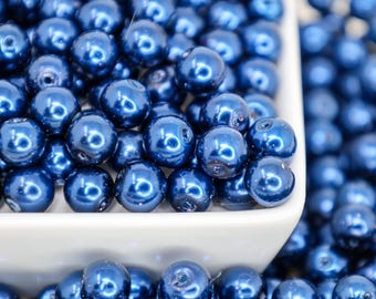 Navy Blue Glass Pearl Beads, Round Glass Pearls, 8mm 10mm Beads, Jewelry Making Supplies, Deep Blue Beads