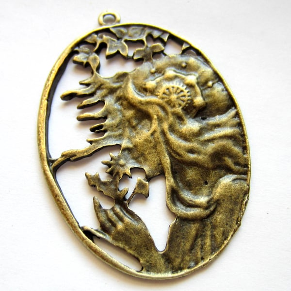 3 Art Nouveau lady pendants antique bronze jewelry making charm 38mm x 52mm ZXA2111