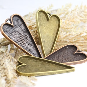 Copper & Bronze Heart Bezel Pendant, Large Skinny Resin Tray, Bezel Finding, 53mm x 30mm