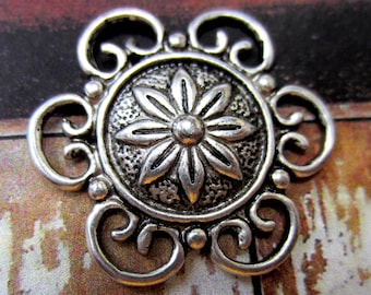 Antique Silver Round Flower Pendants, Circular Metal Charms with Floral Detail, 30mm, Qty: 10