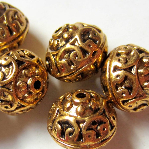 6 Antique Gold beads ethnic ancient design Tibetan style 13mm 13mm