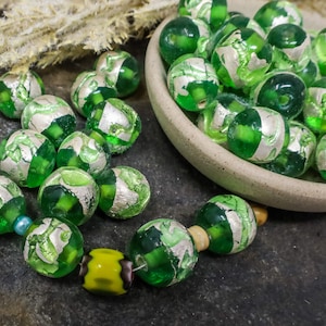 10 Silver Foiled Green Glass Spacer Beads, 13mm Glass Bead, Silver Swirl Glass Bead