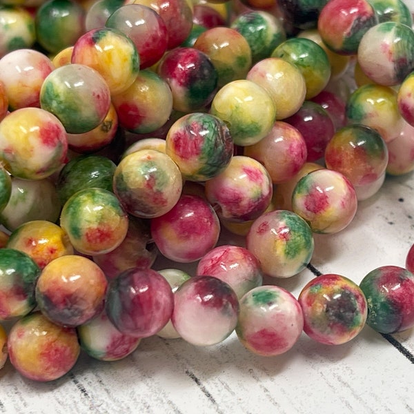 Natural White Jade Beads, Dyed Jade Beads, Round Jade Bead Strands, Pink, Green, Yellow Beads; Qty 1 Strand