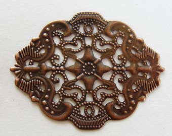 10 Antique copper Filigree jewelry findings stamped medallion Victorian style openwork lace 44mm x 34mm