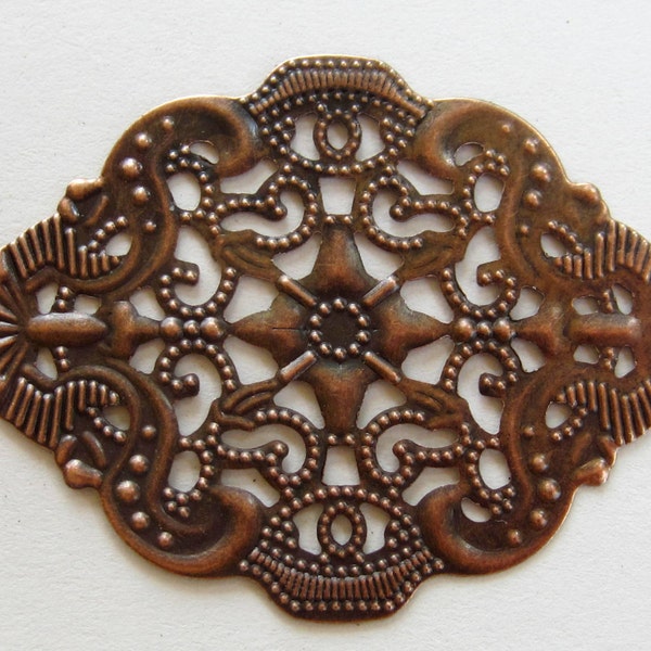 10 Antique copper Filigree jewelry findings stamped medallion Victorian style openwork lace 44mm x 34mm