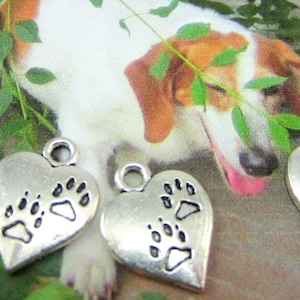 12 Heart  paw print charms antique silver pet pendant  17mm x 13mm dog memory pendants heart dog tags paw print heart charms